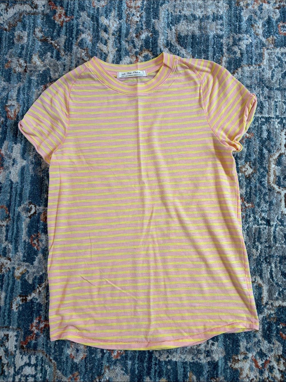 We The Free Pink and Yellow Striped Short Sleeve Tee